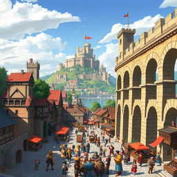 A lively medieval city teeming with activity, featuring an elegant aqueduct on the right side of the image