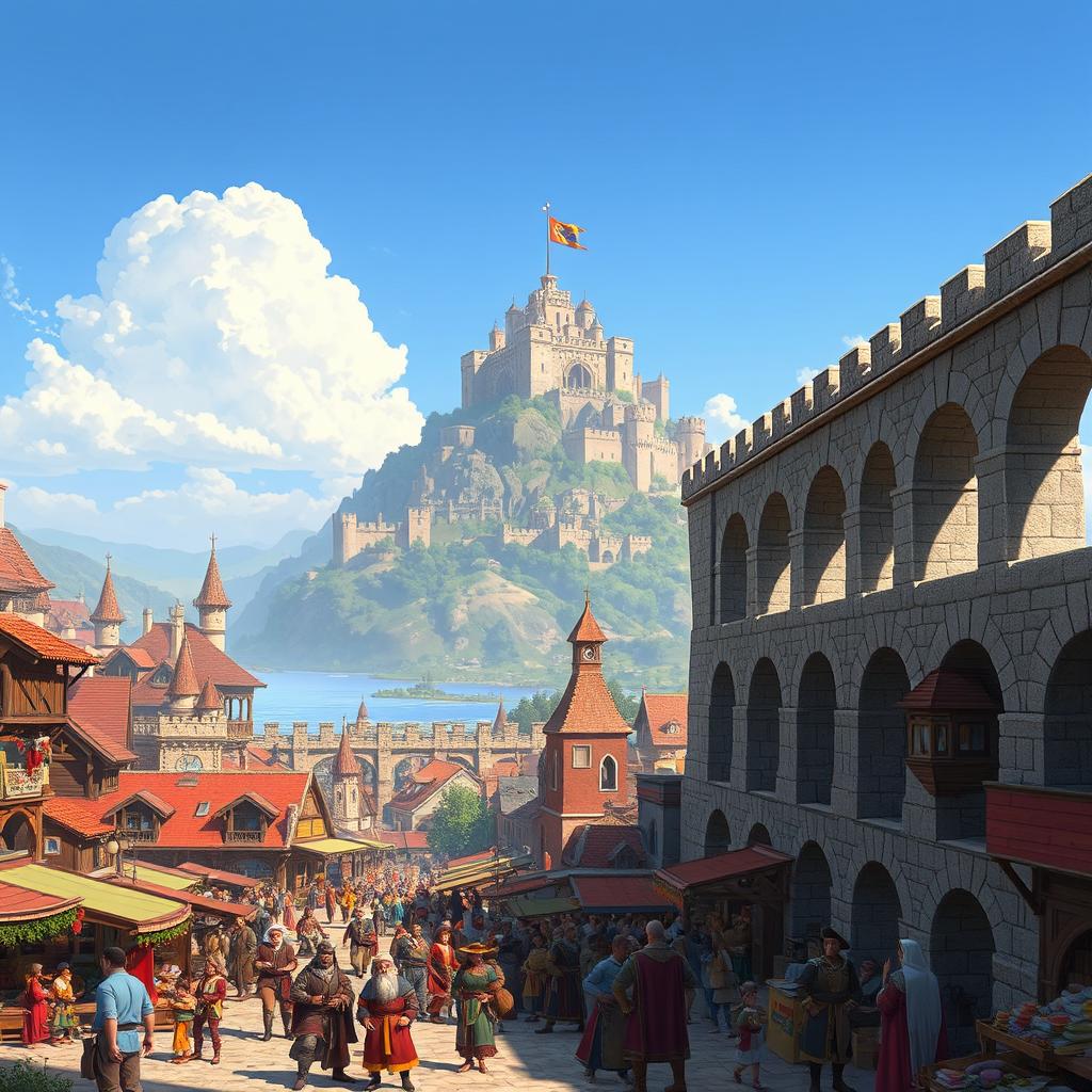 A lively medieval city teeming with activity, featuring an elegant aqueduct on the right side of the image