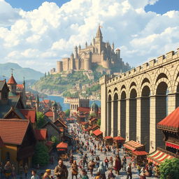 A lively medieval city teeming with activity, featuring an elegant aqueduct on the right side of the image