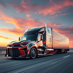 A futuristic Chevrolet Camaro transformed into a powerful semi-truck, showcasing a sleek and muscular design