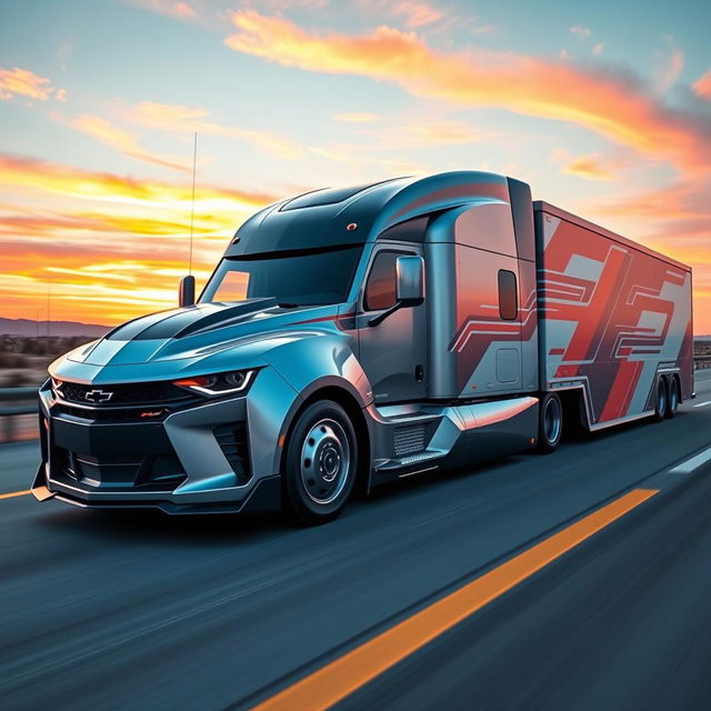 A futuristic Chevrolet Camaro transformed into a powerful semi-truck, showcasing a sleek and muscular design