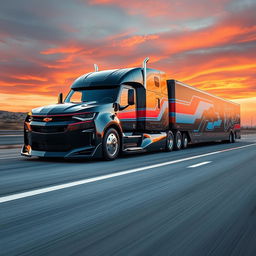 A futuristic Chevrolet Camaro transformed into a powerful semi-truck, showcasing a sleek and muscular design