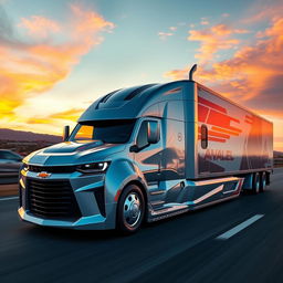 A futuristic Chevrolet Camaro transformed into a powerful semi-truck, showcasing a sleek and muscular design