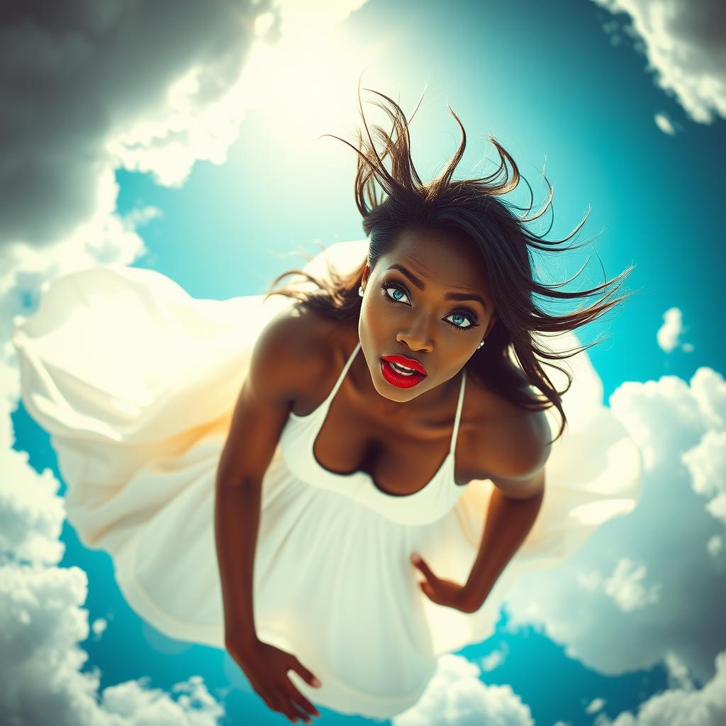 A stunningly beautiful, sexy black woman with striking blue eyes and bold red lips, wearing a flowing white dress that billows around her as she falls gracefully from a vibrant blue sky