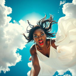 A stunningly beautiful, sexy black woman with striking blue eyes and bold red lips, wearing a flowing white dress that billows around her as she falls gracefully from a vibrant blue sky