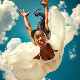 A stunningly beautiful, sexy black woman with striking blue eyes and bold red lips, wearing a flowing white dress that billows around her as she falls gracefully from a vibrant blue sky