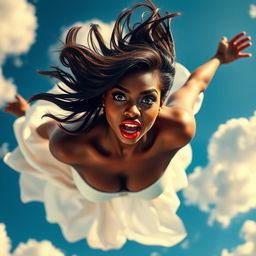 A stunningly beautiful, sexy black woman with striking blue eyes and bold red lips, wearing a flowing white dress that billows around her as she falls gracefully from a vibrant blue sky