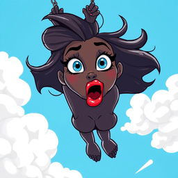 A sexy black cartoon woman with vibrant blue eyes and luscious red lips, depicted in a whimsical and exaggerated cartoon style, falling from a bright blue sky