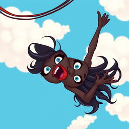 A sexy black cartoon woman with vibrant blue eyes and luscious red lips, depicted in a whimsical and exaggerated cartoon style, falling from a bright blue sky