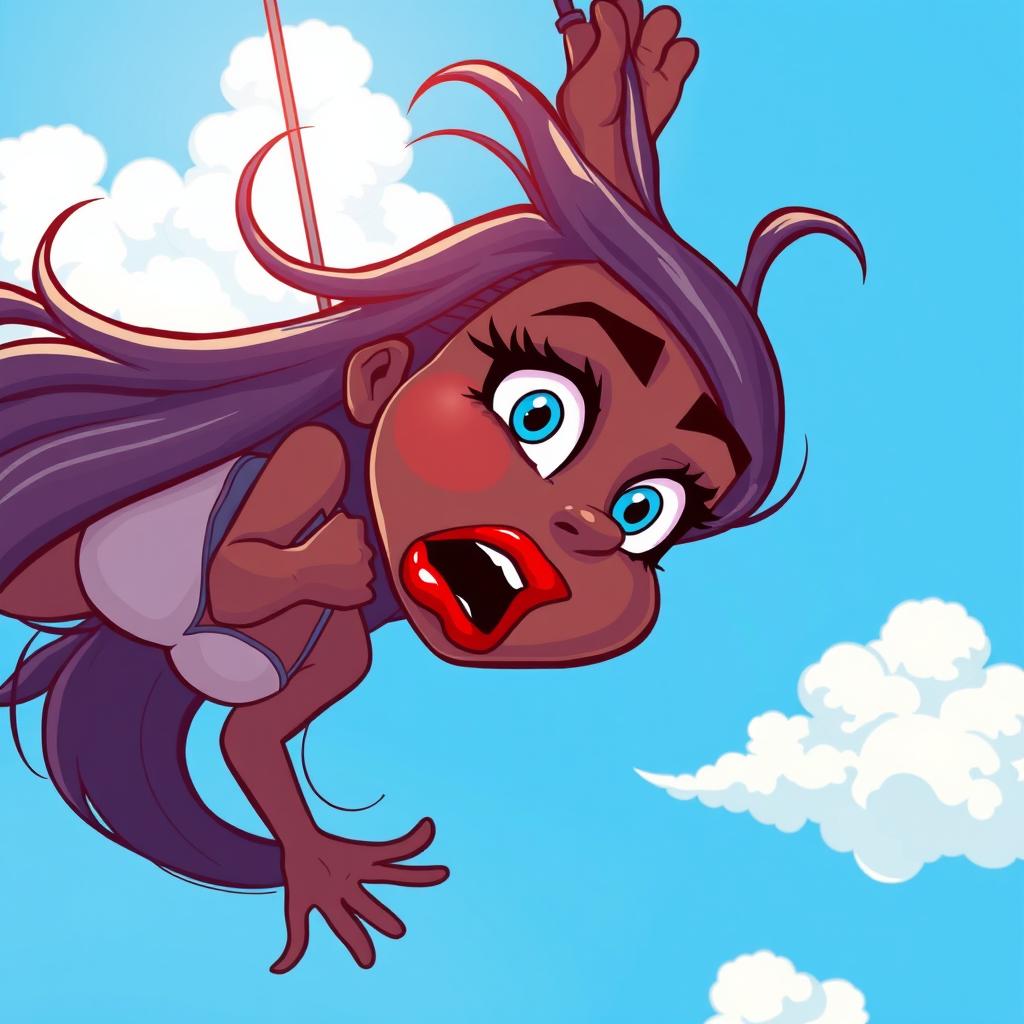 A sexy black cartoon woman with vibrant blue eyes and luscious red lips, depicted in a whimsical and exaggerated cartoon style, falling from a bright blue sky