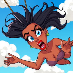 A sexy black cartoon woman with vibrant blue eyes and luscious red lips, depicted in a whimsical and exaggerated cartoon style, falling from a bright blue sky