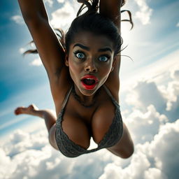 A sexy black woman with striking blue eyes and luscious red lips, wearing elegant lingerie, gracefully falling from the sky
