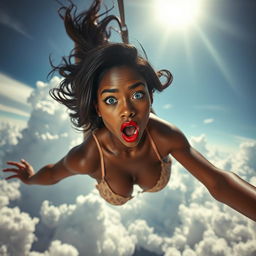 A sexy black woman with striking blue eyes and luscious red lips, wearing elegant lingerie, gracefully falling from the sky