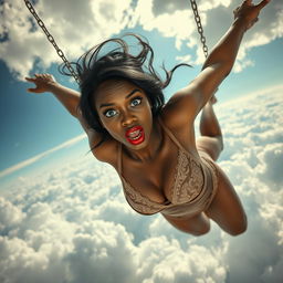 A sexy black woman with striking blue eyes and luscious red lips, wearing elegant lingerie, gracefully falling from the sky
