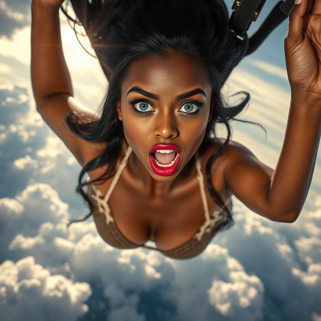A sexy black woman with striking blue eyes and luscious red lips, wearing elegant lingerie, gracefully falling from the sky