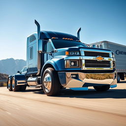 A Chevrolet Silverado converted into a semi-truck, featuring a large trailer attached to the back