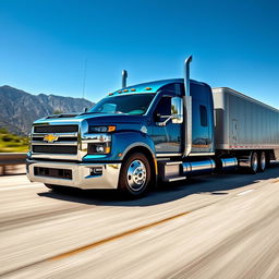 A Chevrolet Silverado converted into a semi-truck, featuring a large trailer attached to the back