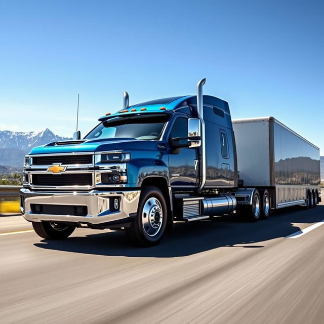 A Chevrolet Silverado converted into a semi-truck, featuring a large trailer attached to the back