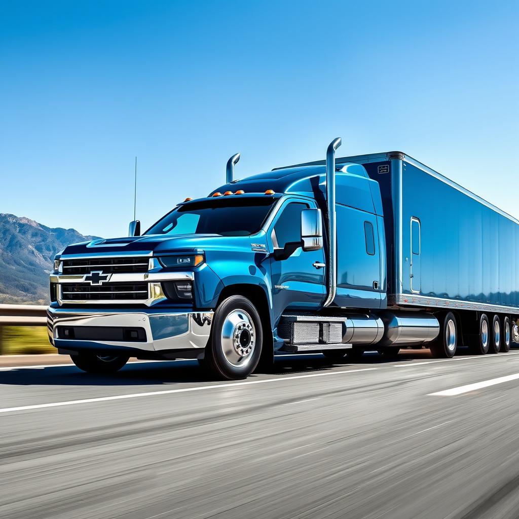 A Chevrolet Silverado converted into a semi-truck, featuring a large trailer attached to the back