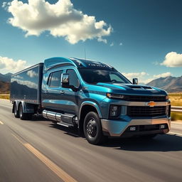 A Chevrolet Silverado transformed into a semi-truck, showcasing a fusion of pickup and trucking elements