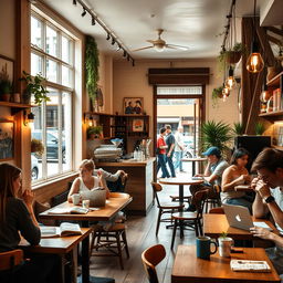 A cozy coffee shop scene, filled with warm light and inviting atmosphere