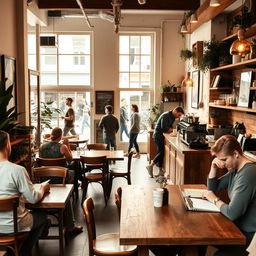 A cozy coffee shop scene, filled with warm light and inviting atmosphere