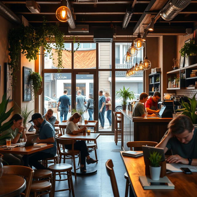 A cozy coffee shop scene, filled with warm light and inviting atmosphere