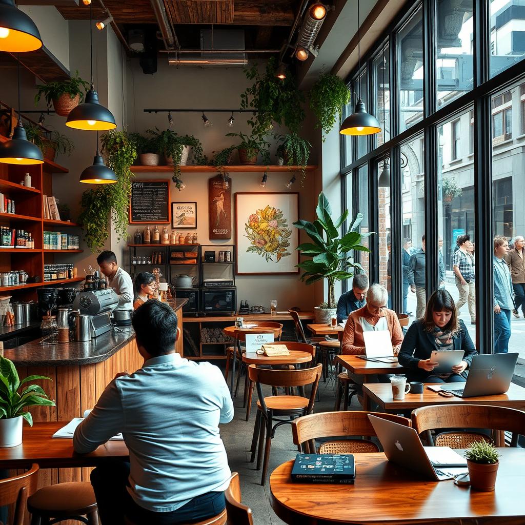 A cozy coffee shop scene, filled with warm light and inviting atmosphere