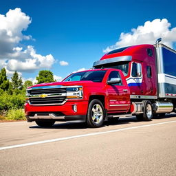 A stunning Chevrolet Silverado truck parked next to a massive semi-truck on a sunny highway