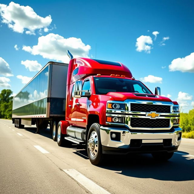 A stunning Chevrolet Silverado truck parked next to a massive semi-truck on a sunny highway