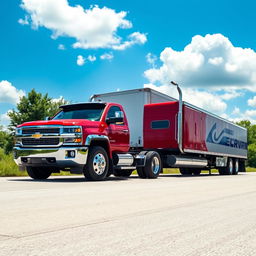 A stunning Chevrolet Silverado truck parked next to a massive semi-truck on a sunny highway