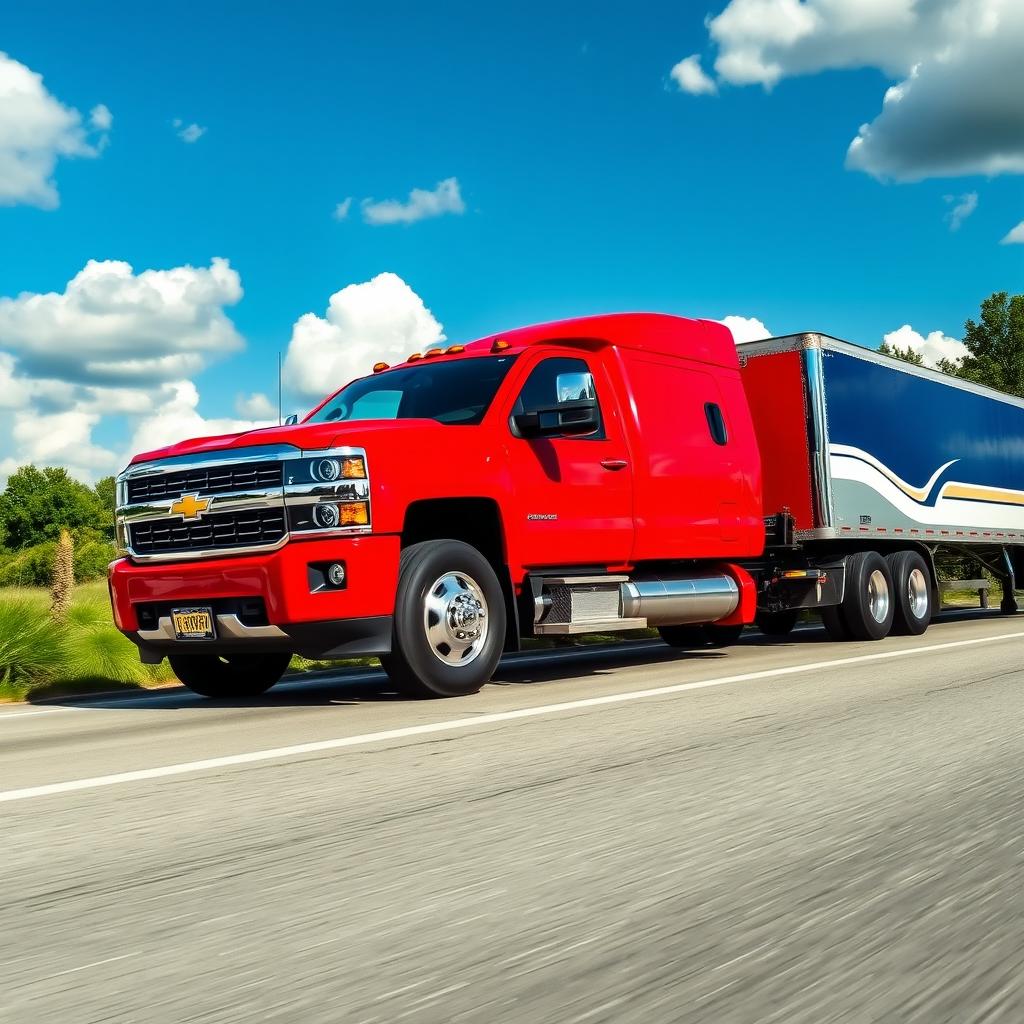 A stunning Chevrolet Silverado truck parked next to a massive semi-truck on a sunny highway