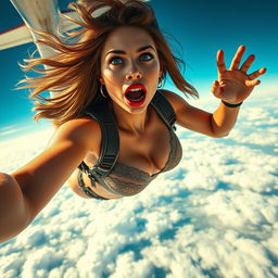 A stunning sexy woman with bright blue eyes and luscious red lips, wearing alluring lingerie, depicted mid-fall out of a flying plane; her hair is dramatically flowing in the wind, and her expression captures a mix of surprise and fear, with the vast sky and clouds in the background creating a thrilling atmosphere