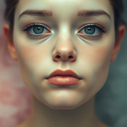 A surreal close-up of a person's face with a mouth that appears to be seamlessly closed, creating a sense of mystery