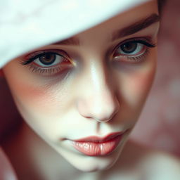 A surreal close-up of a person's face with a mouth that appears to be seamlessly closed, creating a sense of mystery
