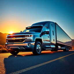 A vibrant and powerful scene showcasing a Chevrolet Silverado alongside a large semi-truck