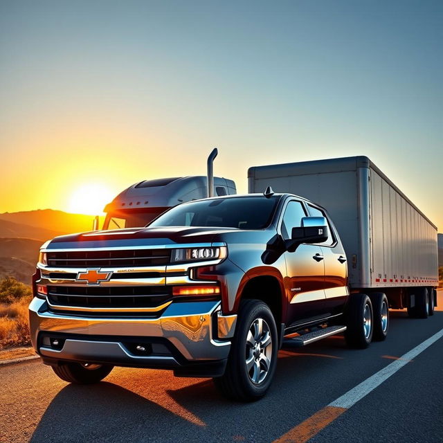 A vibrant and powerful scene showcasing a Chevrolet Silverado alongside a large semi-truck