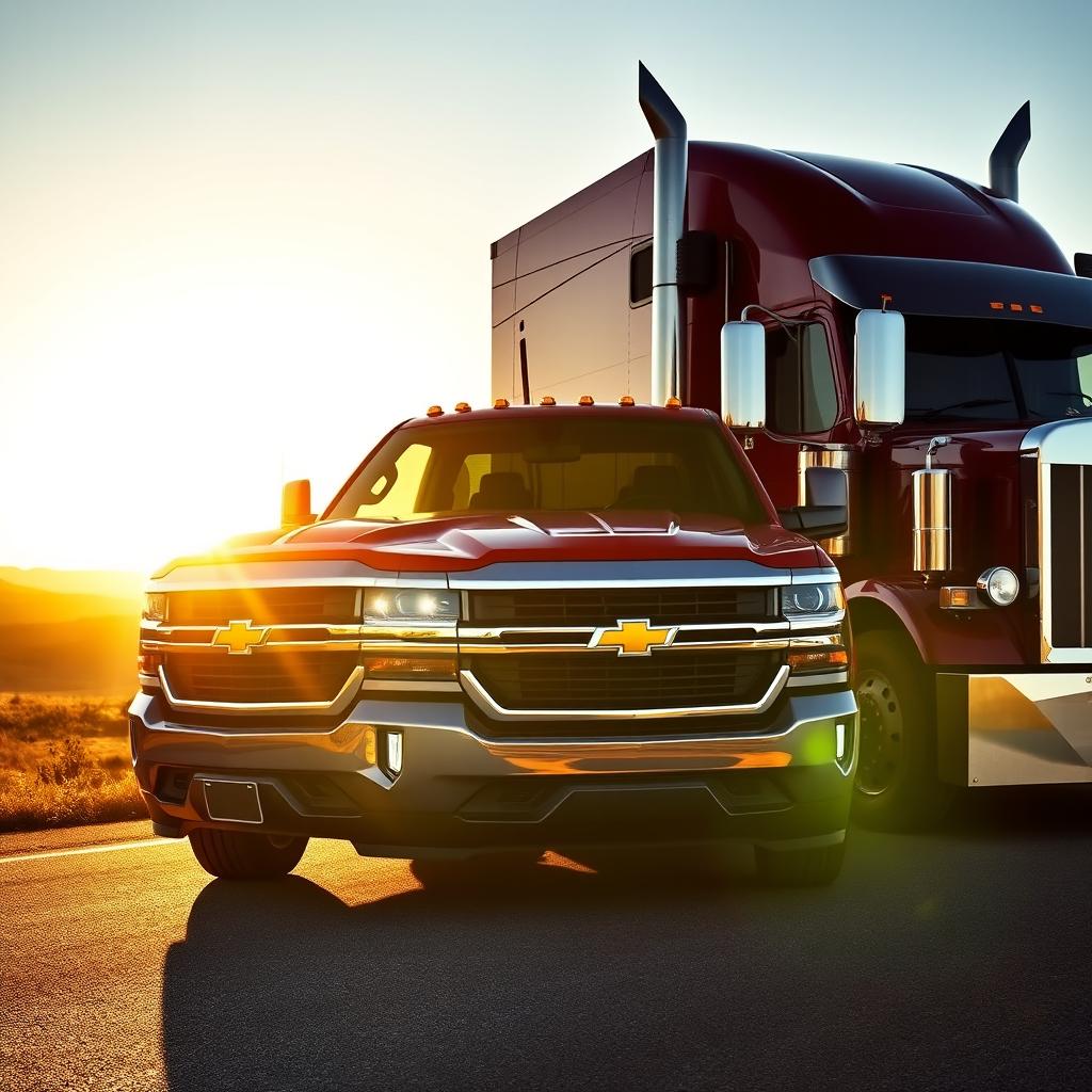 A vibrant and powerful scene showcasing a Chevrolet Silverado alongside a large semi-truck