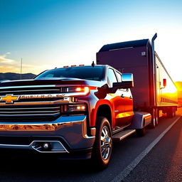 A vibrant and powerful scene showcasing a Chevrolet Silverado alongside a large semi-truck