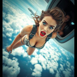 A stunning sexy woman with captivating blue eyes and luscious red lips, wearing elegant lingerie, portrayed mid-air as she falls out of a flying plane