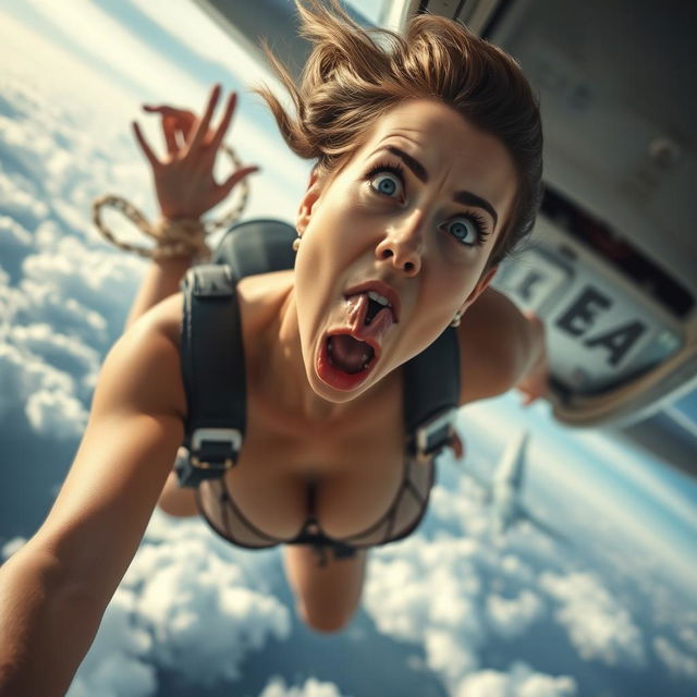 A stunning sexy woman with captivating blue eyes and luscious red lips, wearing elegant lingerie, portrayed mid-air as she falls out of a flying plane