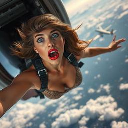 A stunning sexy woman with captivating blue eyes and luscious red lips, wearing elegant lingerie, portrayed mid-air as she falls out of a flying plane