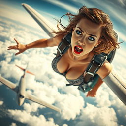 A stunning sexy woman with captivating blue eyes and luscious red lips, wearing elegant lingerie, portrayed mid-air as she falls out of a flying plane