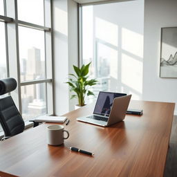 A sleek and modern office space with a large wooden desk, an ergonomic chair, and a high-end laptop open with a stock market graph displayed