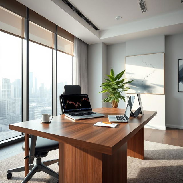 A sleek and modern office space with a large wooden desk, an ergonomic chair, and a high-end laptop open with a stock market graph displayed