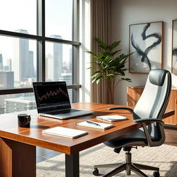 A sleek and modern office space with a large wooden desk, an ergonomic chair, and a high-end laptop open with a stock market graph displayed
