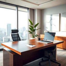 A sleek and modern office space with a large wooden desk, an ergonomic chair, and a high-end laptop open with a stock market graph displayed