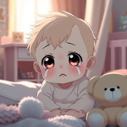 An emotional anime-style baby with big, expressive eyes, tears streaming down its cheeks, sitting in a cozy nursery filled with pastel colors