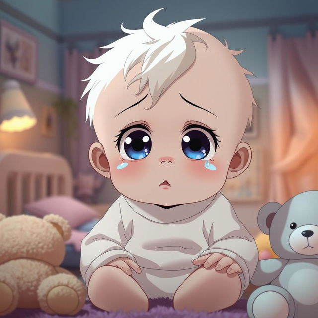 An emotional anime-style baby with big, expressive eyes, tears streaming down its cheeks, sitting in a cozy nursery filled with pastel colors