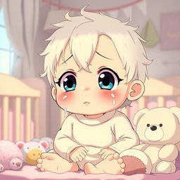 An emotional anime-style baby with big, expressive eyes, tears streaming down its cheeks, sitting in a cozy nursery filled with pastel colors